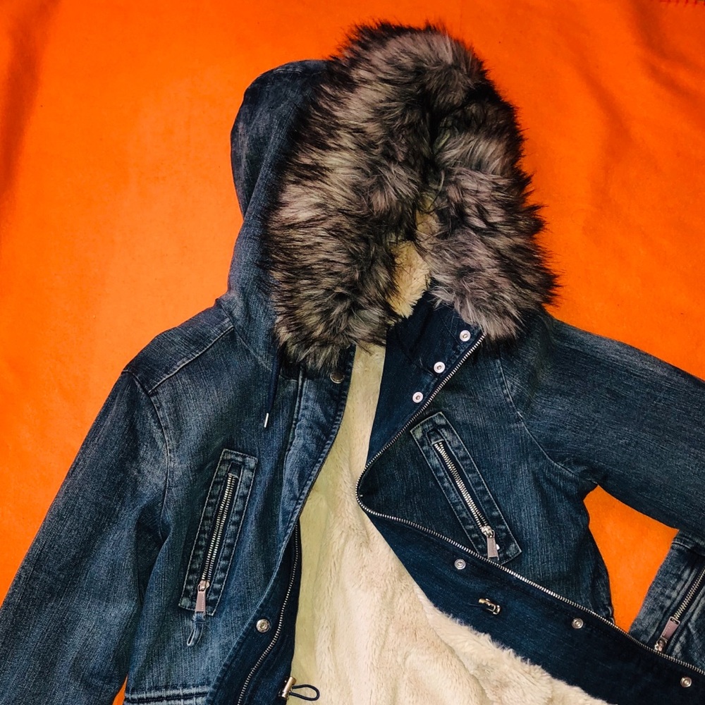 Women denim coat, faux fur cream lining